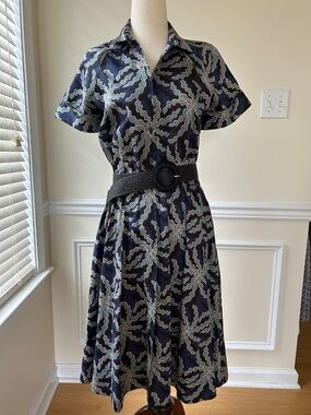 Brooks Brothers Navy & Light Blue Patterned Short Sleeve Midi Dress